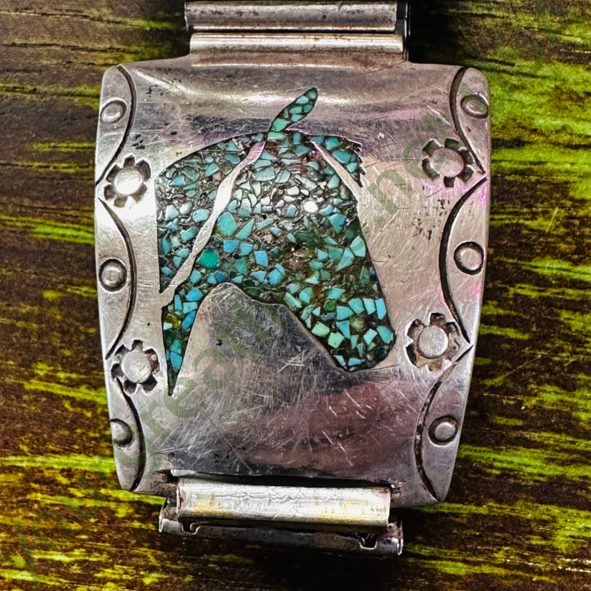 Vintage Navajo Shiprock Turquoise Mosaic Horse Sterling Silver Watch Band Watchband