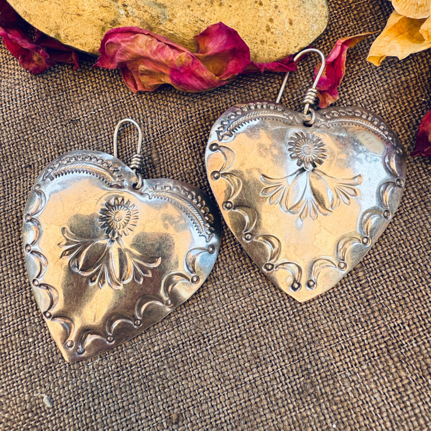 Vintage Navajo Stamp Decorated Heart Concho Pierced Earrings earrings