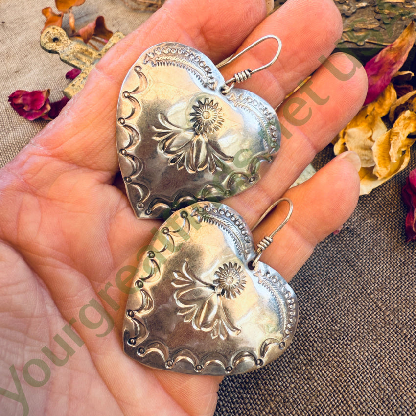 Vintage Navajo Stamp Decorated Heart Concho Pierced Earrings earrings