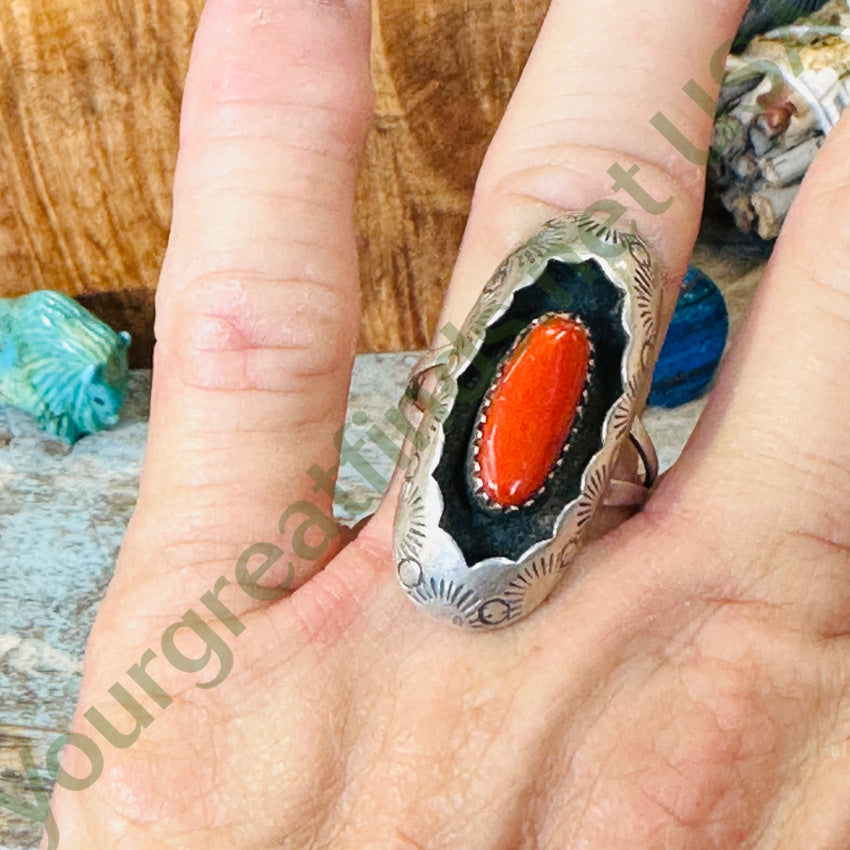Vintage Navajo Stamped Shadowbox Long Ring Red C0Ral Size 8