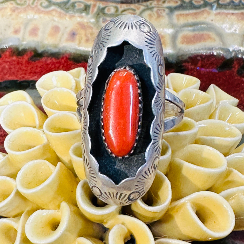 Vintage Navajo Stamped Shadowbox Long Ring Red C0Ral Size 8