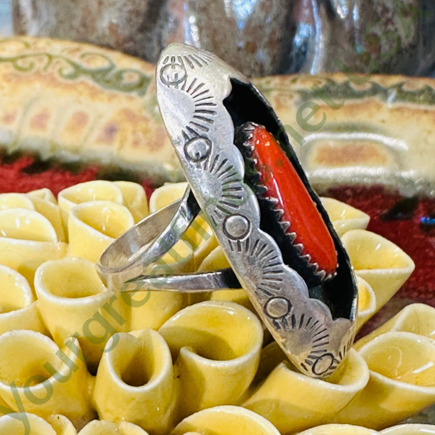 Vintage Navajo Stamped Shadowbox Long Ring Red C0Ral Size 8