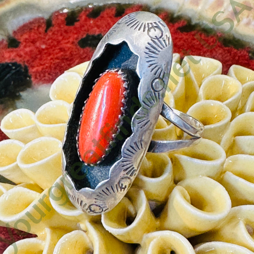 Vintage Navajo Stamped Shadowbox Long Ring Red C0Ral Size 8