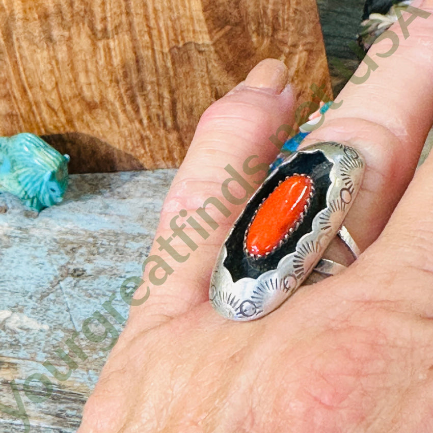 Vintage Navajo Stamped Shadowbox Long Ring Red C0Ral Size 8