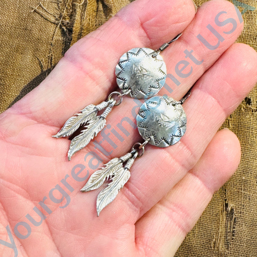 Vintage Navajo Stamped Sterling Silver Concho Feather Earrings