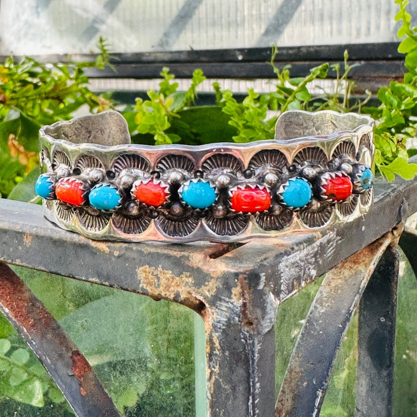 Vintage Navajo Stamped Sterling Silver Cuff Row Bracelet Turquoise