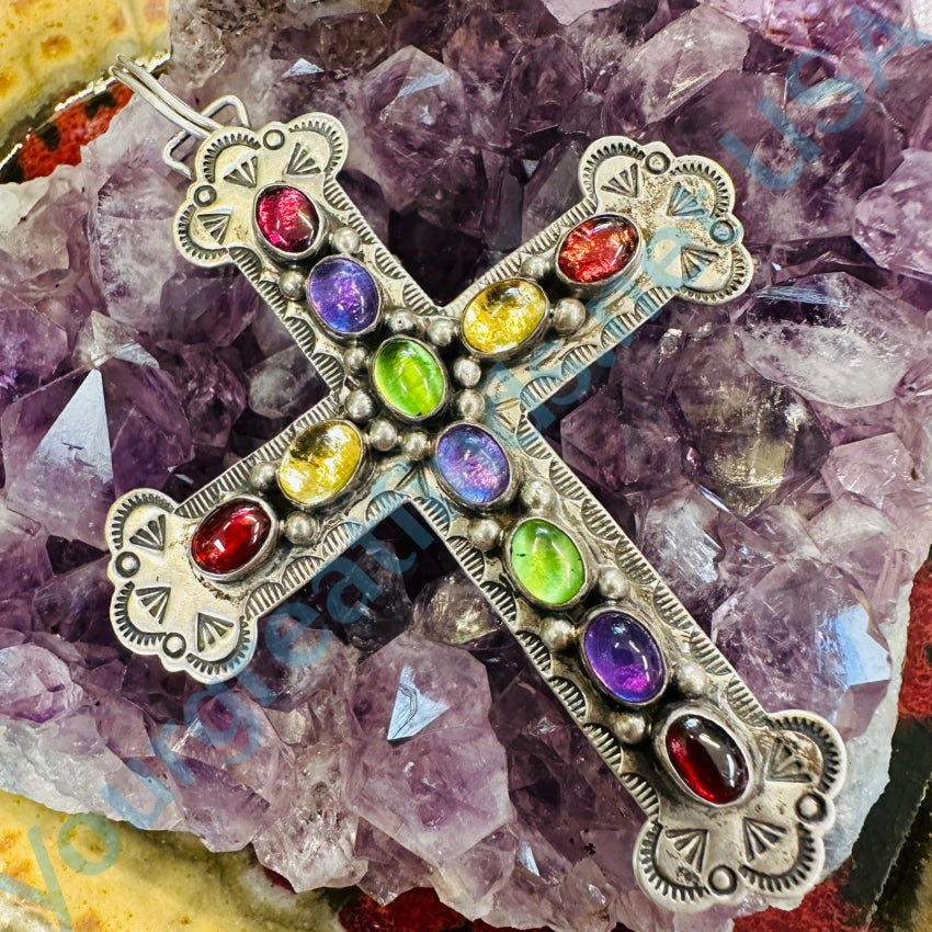 Vintage Navajo Stamped Sterling Silver Gemstone Large Cross Pendant