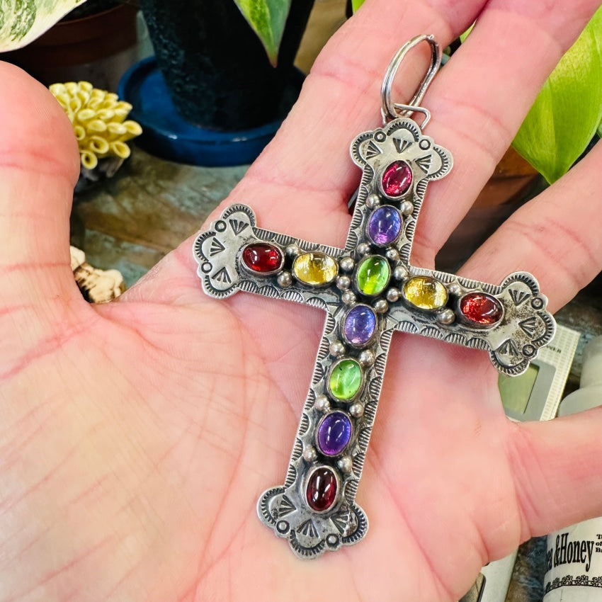 Vintage Navajo Stamped Sterling Silver Gemstone Large Cross Pendant