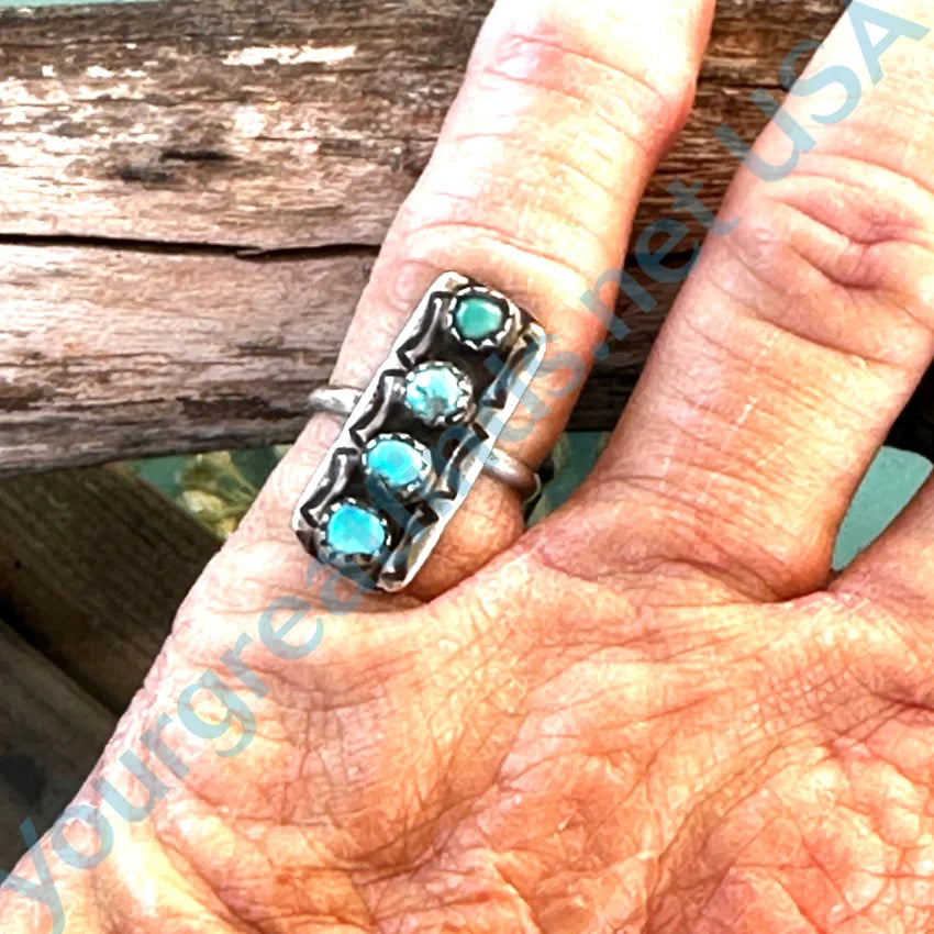 Vintage Navajo Stamped Sterling Silver Snake Eye Turquoise Row Ring 4