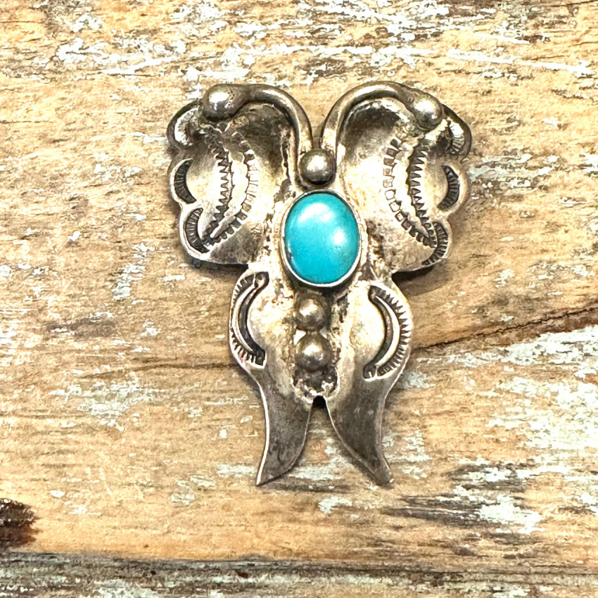 Vintage Navajo Stamped Sterling Silver & Turquoise Butterfly Pin