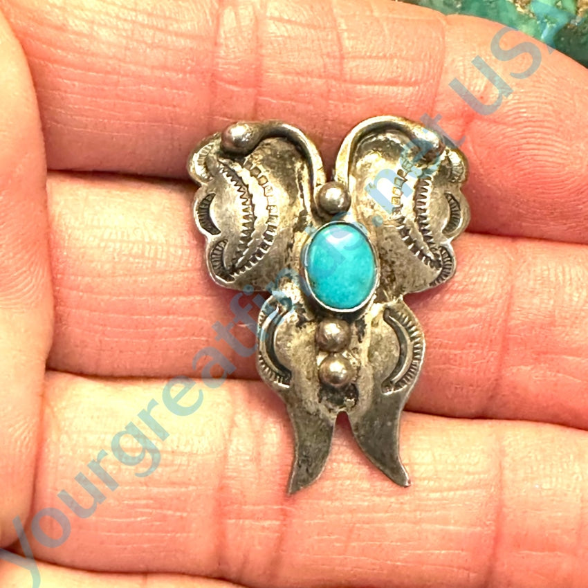 Vintage Navajo Stamped Sterling Silver & Turquoise Butterfly Pin