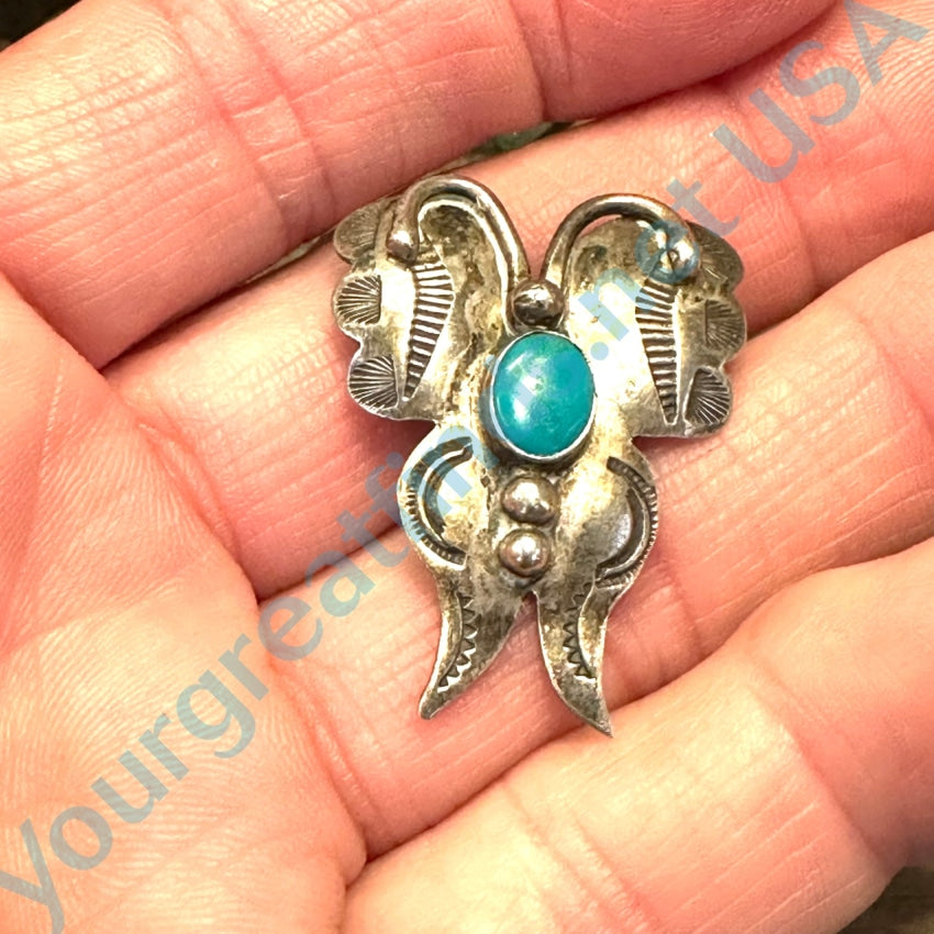 Vintage Navajo Stamped Sterling Silver & Turquoise Butterfly Pin