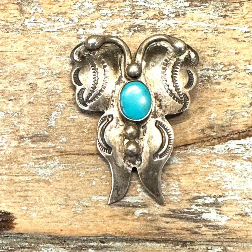 Vintage Navajo Stamped Sterling Silver & Turquoise Butterfly Pin