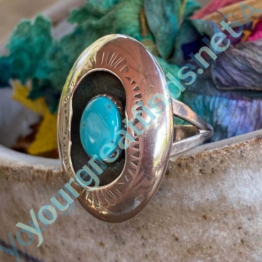 Vintage Navajo Stamped Turquoise Shadowbox Ring Sterling 8 Yourgreatfinds