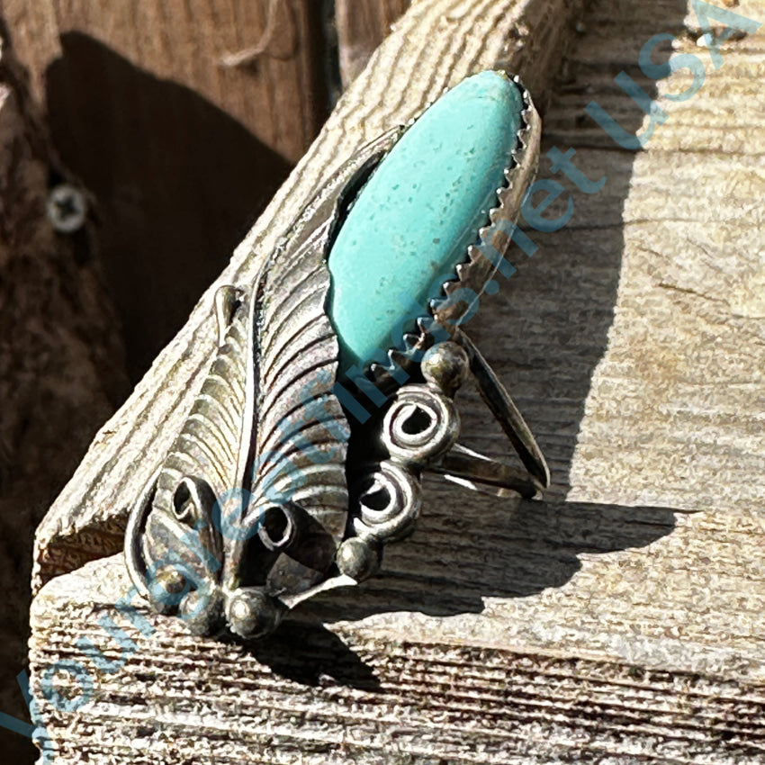 Vintage Navajo Sterling Silver 1 Feather Ring Dry Creek Turquoise 8 Ring