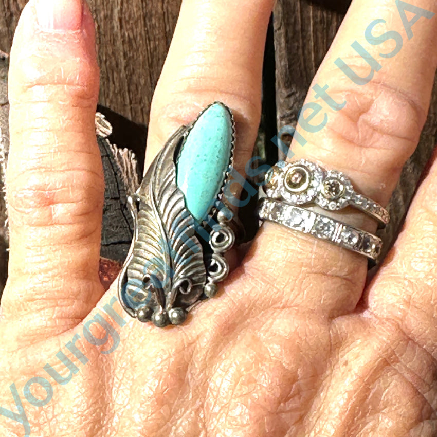 Vintage Navajo Sterling Silver 1 Feather Ring Dry Creek Turquoise 8 Ring