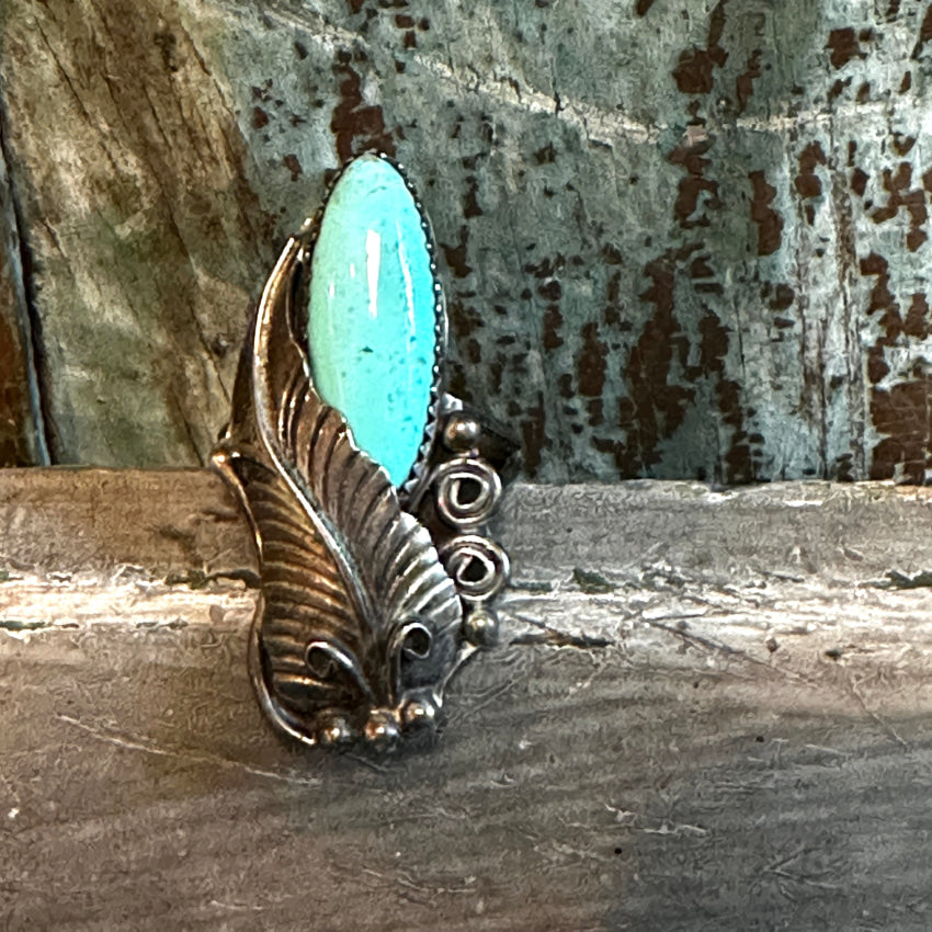 Vintage Navajo Sterling Silver 1 Feather Ring Dry Creek Turquoise 8 Ring