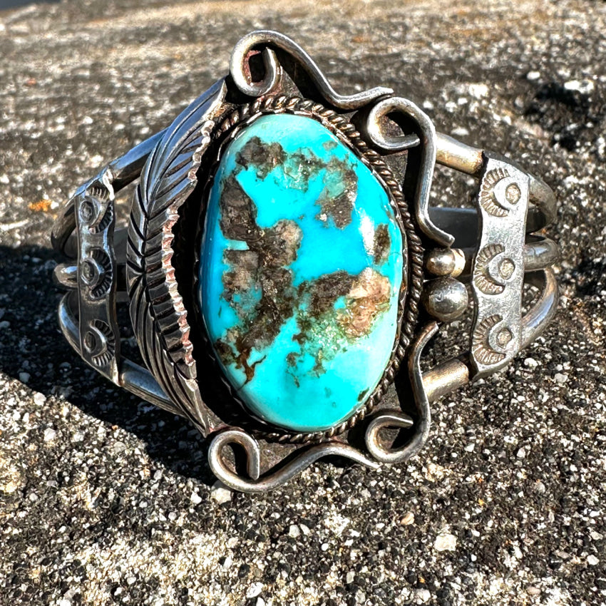 Vintage Navajo Sterling Silver 1 Feather Turquoise Cuff Bracelet Bracelet