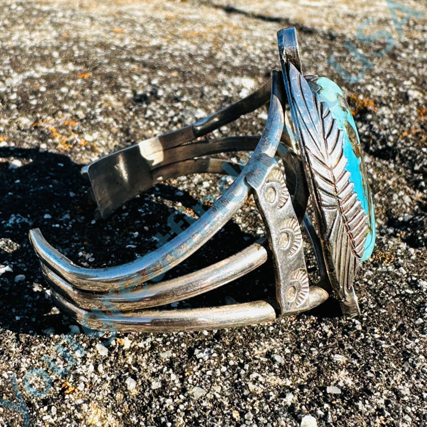 Vintage Navajo Sterling Silver 1 Feather Turquoise Cuff Bracelet Bracelet