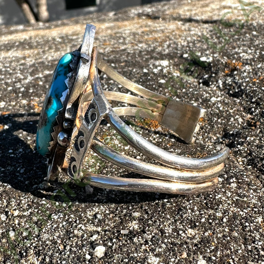 Vintage Navajo Sterling Silver 1 Feather Turquoise Cuff Bracelet Bracelet