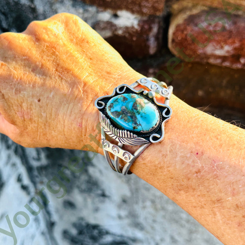 Vintage Navajo Sterling Silver 1 Feather Turquoise Cuff Bracelet Bracelet