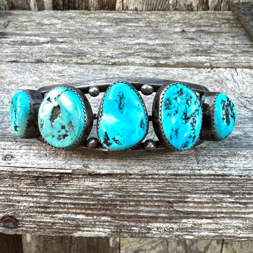 Vintage Navajo Sterling Silver 7 Stone Row Bracelet Turquoise Begay