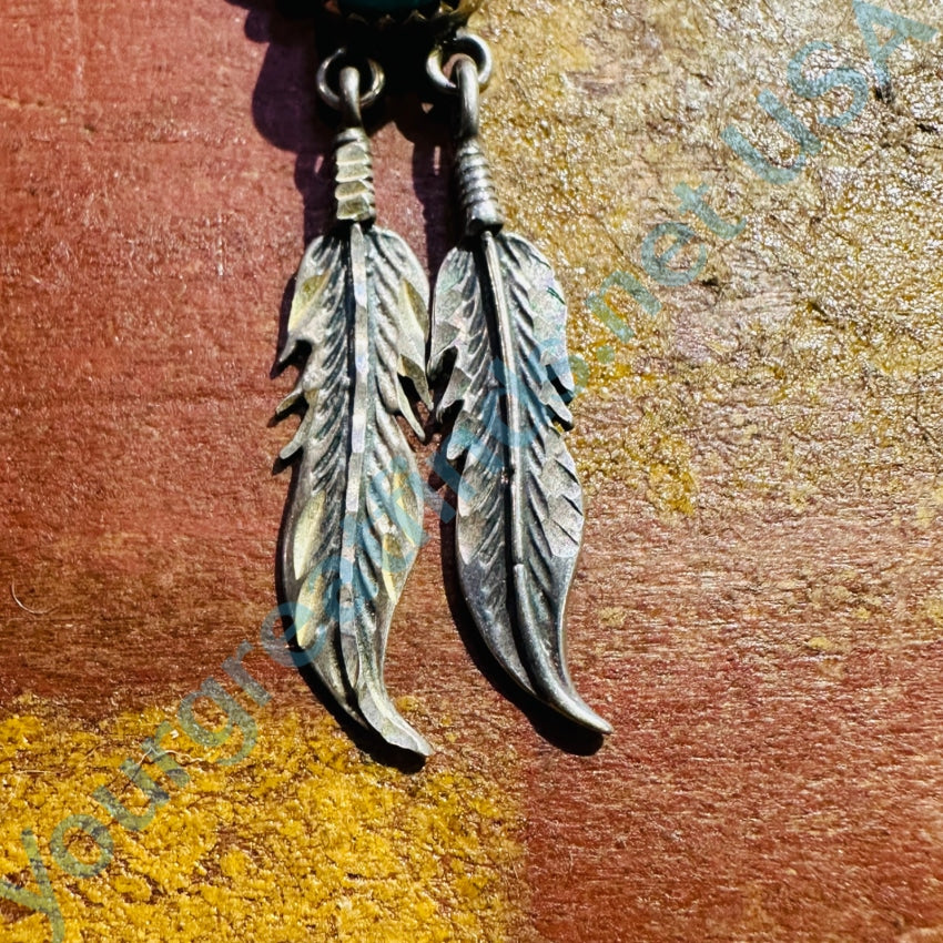 Vintage Navajo Sterling Silver Appliqué 2 Feather Turquoise Necklace