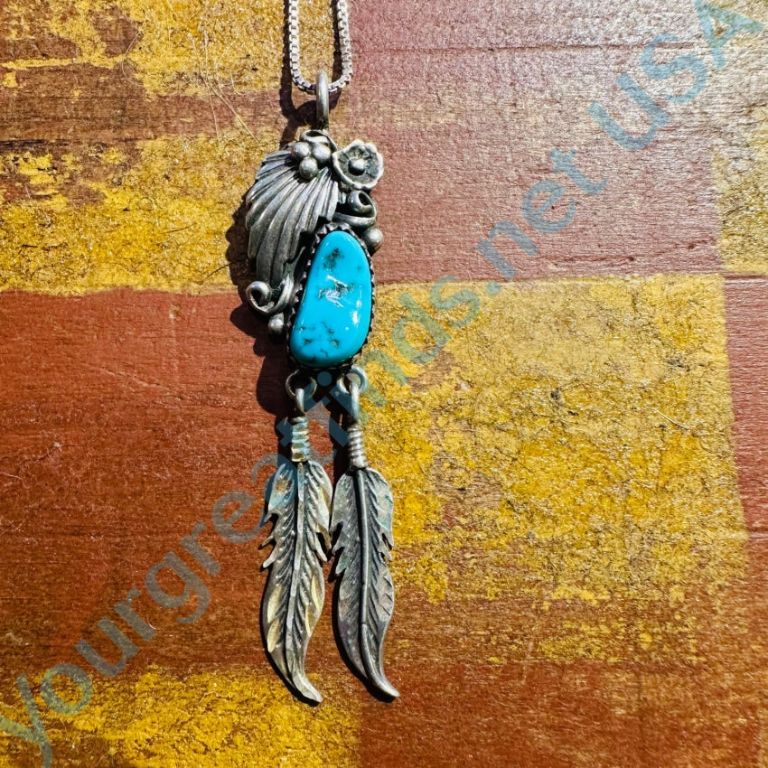 Vintage Navajo Sterling Silver Appliqué 2 Feather Turquoise Necklace