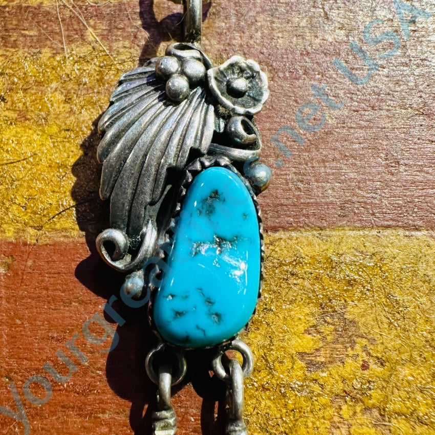 Vintage Navajo Sterling Silver Appliqué 2 Feather Turquoise Necklace