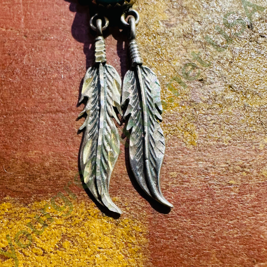 Vintage Navajo Sterling Silver Appliqué 2 Feather Turquoise Necklace