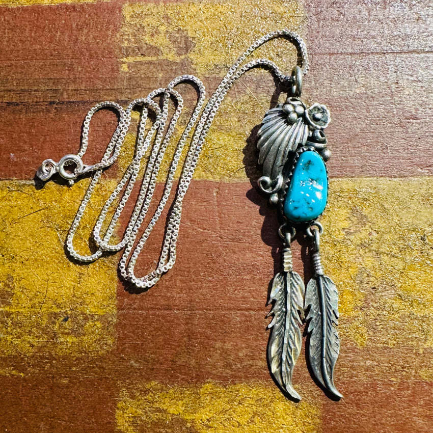 Vintage Navajo Sterling Silver Appliqué 2 Feather Turquoise Necklace