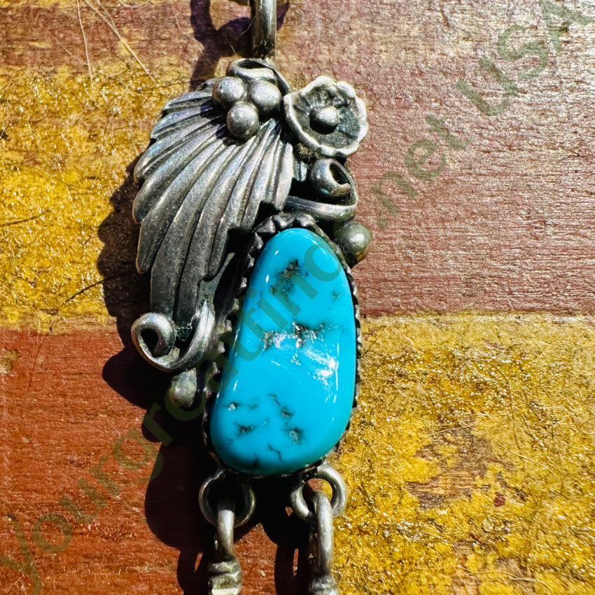Vintage Navajo Sterling Silver Appliqué 2 Feather Turquoise Necklace