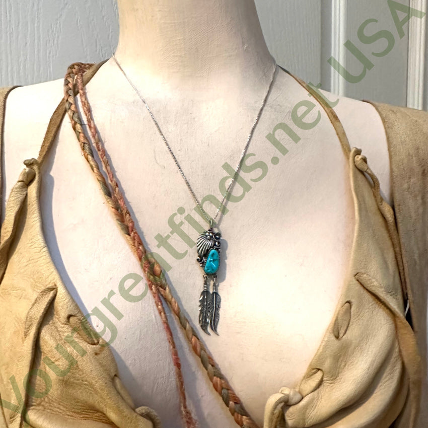 Vintage Navajo Sterling Silver Appliqué 2 Feather Turquoise Necklace