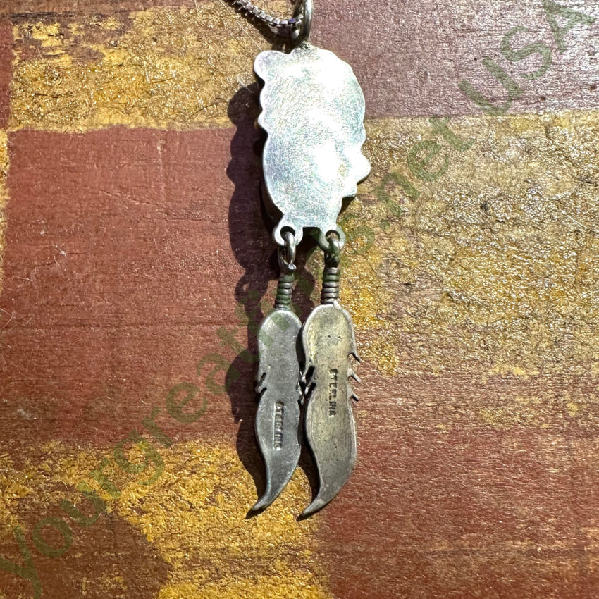 Vintage Navajo Sterling Silver Appliqué 2 Feather Turquoise Necklace