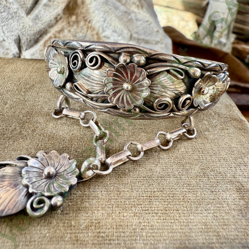 Vintage Navajo Sterling Silver Applique SLave Bracelet bracelet ring set