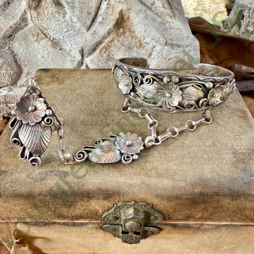 Vintage Navajo Sterling Silver Applique SLave Bracelet bracelet ring set