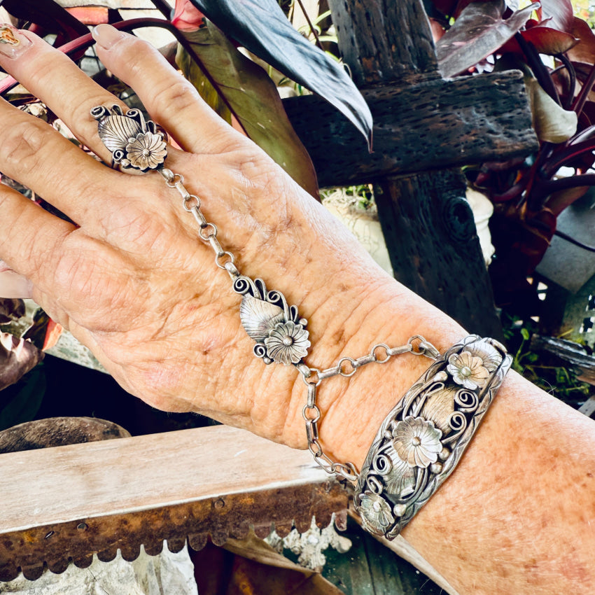 Vintage Navajo Sterling Silver Applique SLave Bracelet bracelet ring set