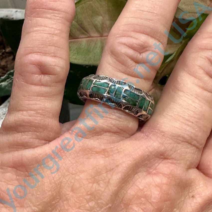 Vintage Navajo Sterling Silver Band Ring Inlay Turquoise 9