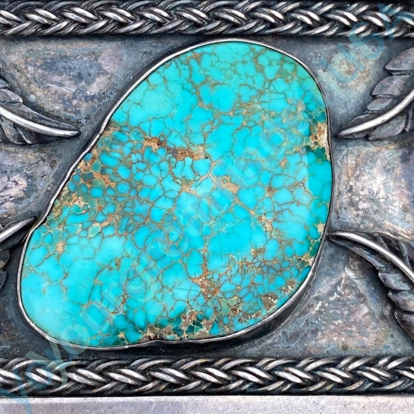 Vintage Navajo Sterling Silver Belt Buckle with Red Mountain Mine Turquoise Yourgreatfinds