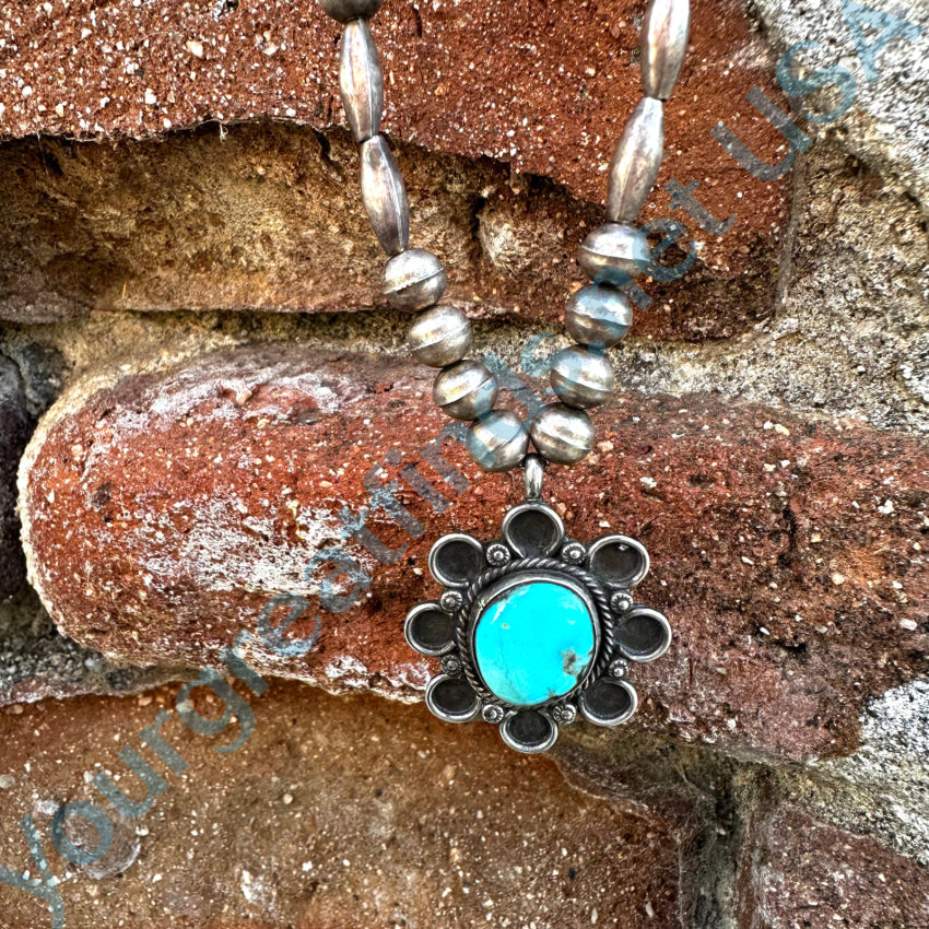 Vintage Navajo Sterling Silver Bench Bead & Turquoise Necklace Necklace