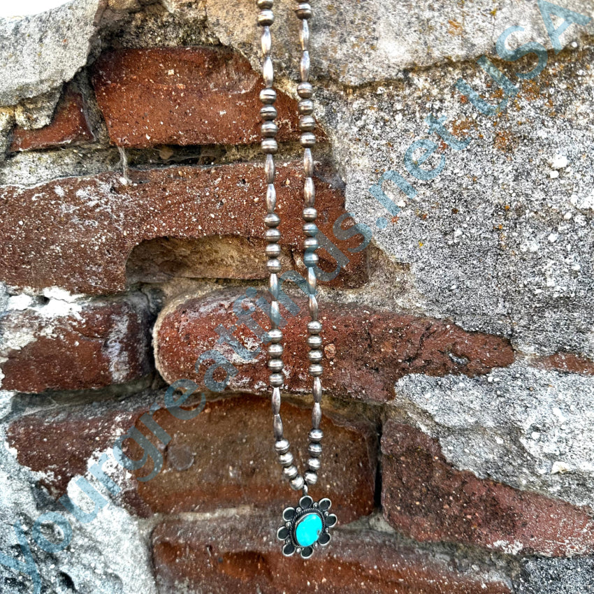 Vintage Navajo Sterling Silver Bench Bead & Turquoise Necklace Necklace