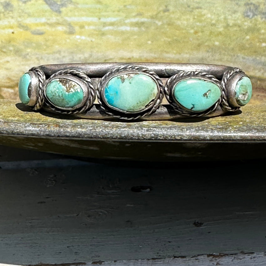 Vintage Navajo Sterling Silver Bi-Colored Turquoise Row Bracelet Bracelet