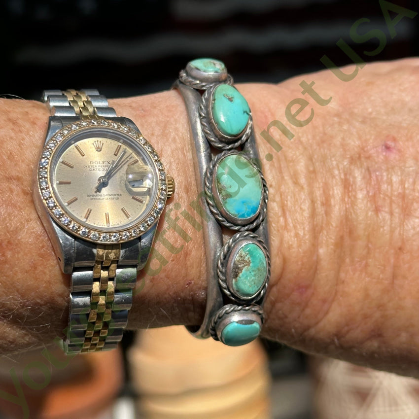 Vintage Navajo Sterling Silver Bi-Colored Turquoise Row Bracelet Bracelet