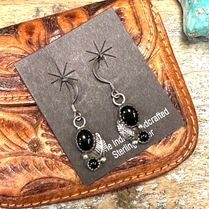 Vintage Navajo Sterling Silver Black Onyx Earrings On Card