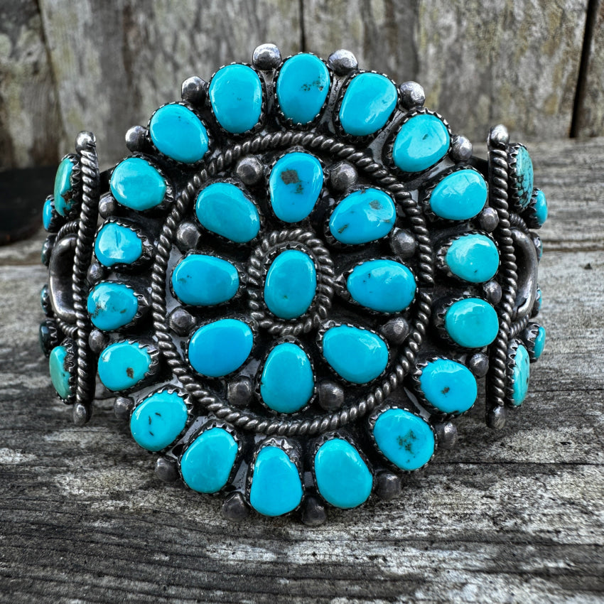 Vintage Navajo Sterling Silver Blue Turquoise Rosette Bracelet