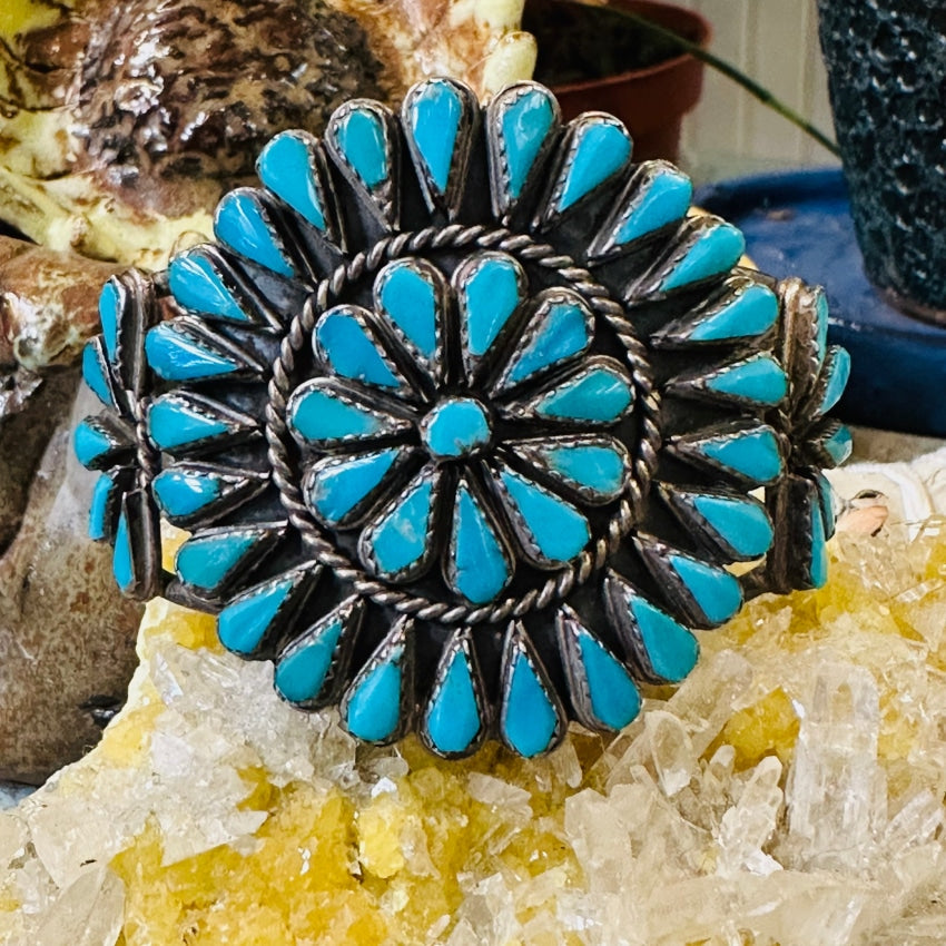 Vintage Navajo Sterling Silver Blue Turquoise Rosette Bracelet