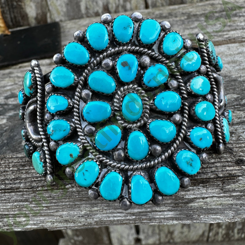 Vintage Navajo Sterling Silver Blue Turquoise Rosette Bracelet