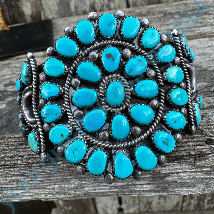 Vintage Navajo Sterling Silver Blue Turquoise Rosette Bracelet