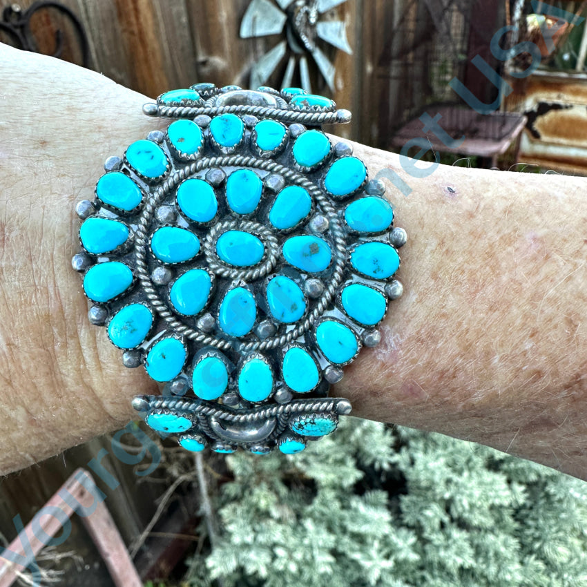 Vintage Navajo Sterling Silver Blue Turquoise Rosette Bracelet