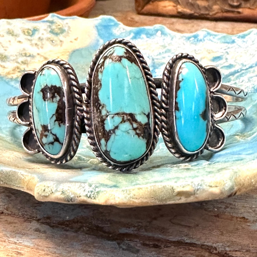 Vintage Navajo Sterling Silver Bracelet Blue &amp; Black Turquoise